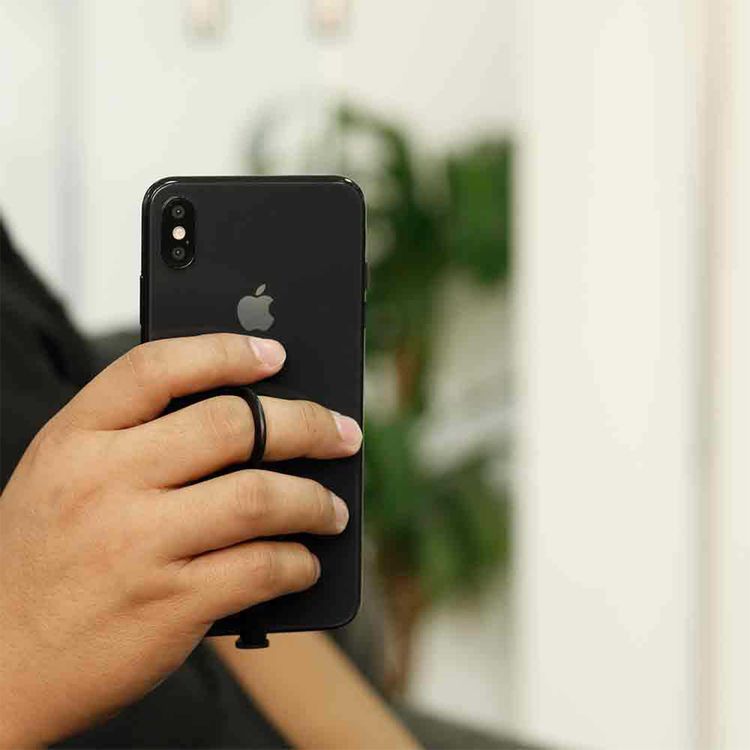 Porodo Dual Lightning Adapter with Phone Support Grip, 2A Charging Current, Microphone & Audio Support, Lightning Devices Compatibility, ABS & Metal Shell, Super Slim Design - Black