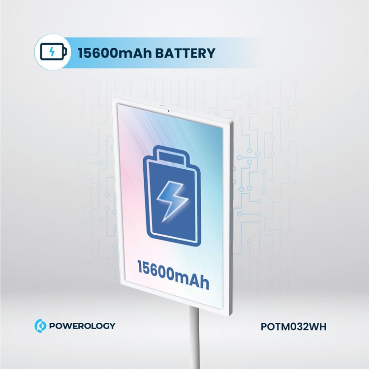 Powerology 32" Android Smart Screen, 15600 mAh Battery Capacity, 5 MP Camera, HDMI, USB-C, USB-A, 3.5 mm Audio Jack Ports, 3-Pin UK Plug - White