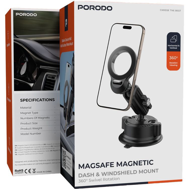 Porodo 360° Adjustable MagSafe Car Mount with Suction, Horizontal & Vertical Standing, Strong Adhesive, 17 Strong Magnets, Folding Design - Black