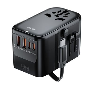 Green Lion Companion 45 Universal Travel Adapter, UK-US-EU-AUS Plug Types, 50cm Retractable USB-C Cable, 45W Power Delivery, 6-Device Charging, PC Flame Retardant - Black
