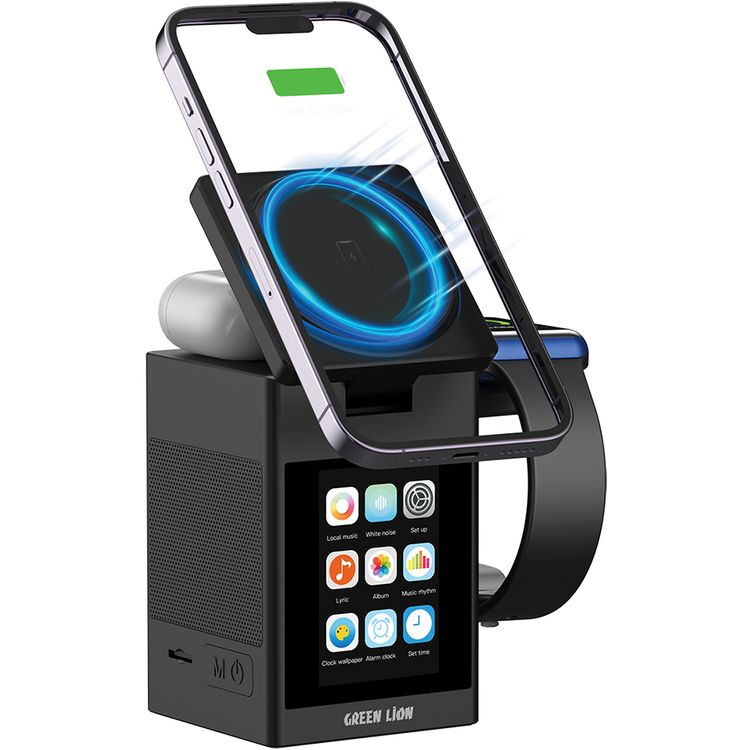 Green Lion Smart Station Pro with Wireless Charger, Speaker, Clock, Alarm, ABS + PC & Silicone Material, 8× N52 Magnets, 1000mAh Battery Capacity, Bluetooth Version 5.3, 10m Working Range, 2 Hours Charging Time, 2.5 Hours Working Time, Type-C Input Port, Smart Touch Display - Black
