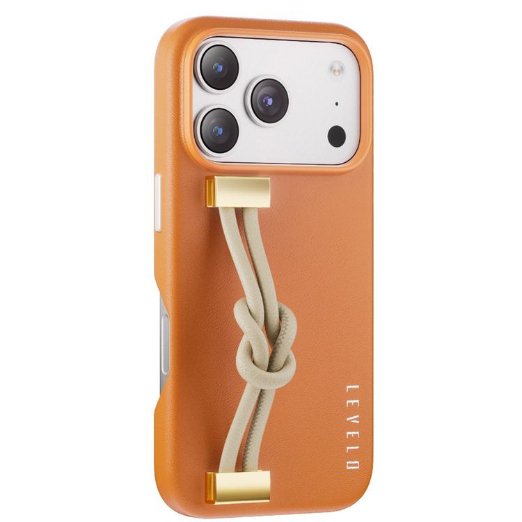 Levelo Polaris PU Leather Case with Wrist-Strap Grip for iPhone 17 Pro, Microfiber Inner Lining, Raised Bezels for Camera & Screen, Shock-Resistant Bumper, Drop-Tested - Orange