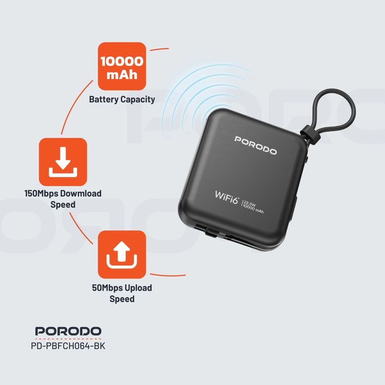 Porodo Portable 4G LTE WiFi Router,10000mAh Battery Capacity, 150Mbps Download Speed, 50Mbps Upload Speed, Built-in Cables, Secure Connection - Black
