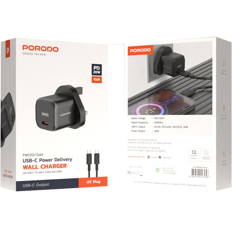 شاحن سريع 20 واط من Porodo PD مع كابل C إلى C، خرج طاقة 20 واط ، حماية من الحرارة الزائدة - أسود
