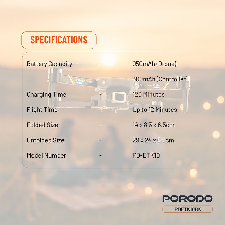 Porodo Aero View Drone with 120m Operational Distance, 360° Flip and Roll, Easy Takeoff & Landing, Up to 12 Minutes Flight Time, 10Km/h Max Speed, 120 Minutes Charging Time - Black 