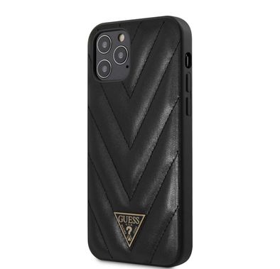 CG Mobile Guess PU V Quilted Hard Case Compatible for iPhone 12 Pro Max (6.7") Shock & Scratch Resistant, Easy Access to All Ports, Drop Protection Back Cover Suitable with Wireless Chargers Officially Licensed - Black