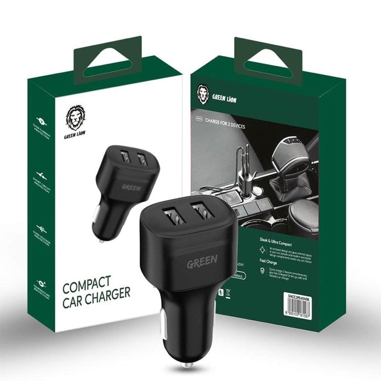 Green Lion Dual Port Car Charger 12W, Reliable and efficient, Compact and stylish design - Black