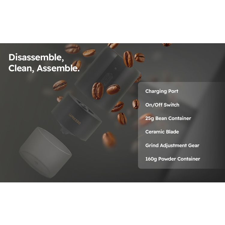 LePresso Conical Burr Grinder, 1200mAh Battery Capacity, 3 Hours Charging Time, Type-C Charging Port, Adjustable Grind Size, 160g Powder Container - Black