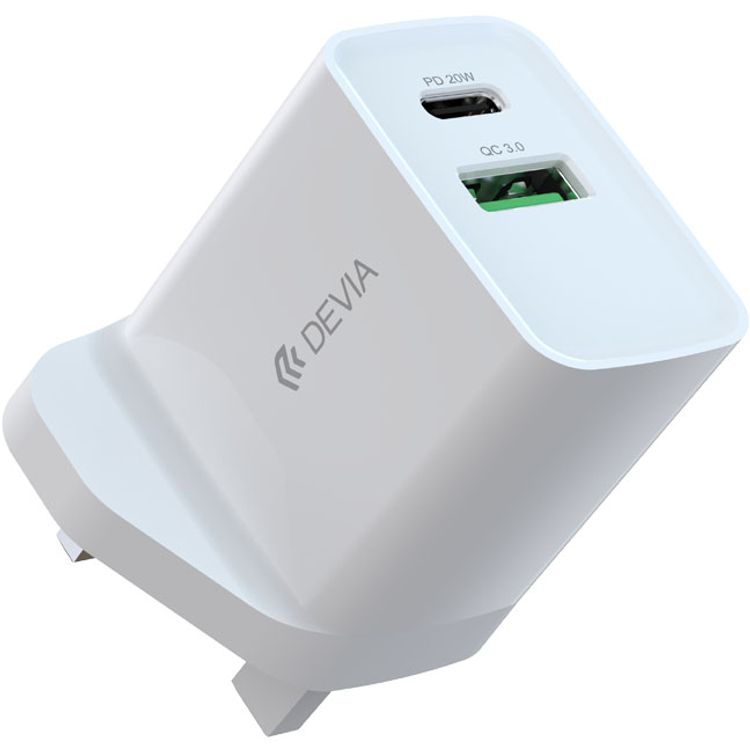Devia Smart Series PD & QC Quick Charger UK 20W with Type-C to Lightning Cable 1M + USB to Type-C Cable 1M - White