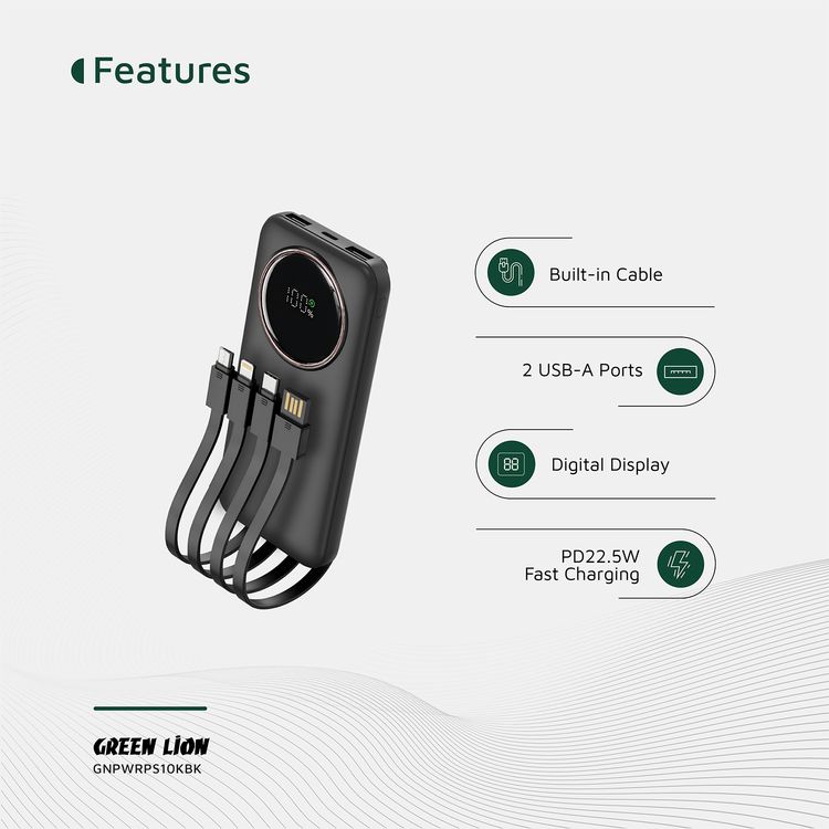 Green Lion Power Pulse 10000mAh Power Bank, PD 22.5W, Portable, Digital Display, Fast Charge Support, Micro + Lightning + Type-C + USB-A Integrated Cables - Black 