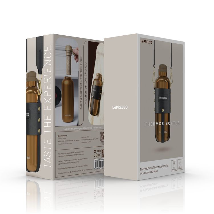 LePresso ThermaTrail Thermos Bottle with Crossbody Strap, 650 mL Capacity, -20°C to 100°C Water Temperature Range, Leather Strap Material, Tea Brewing, 316 + 304 Stainless Steel+PP+Silicone Material - Gold