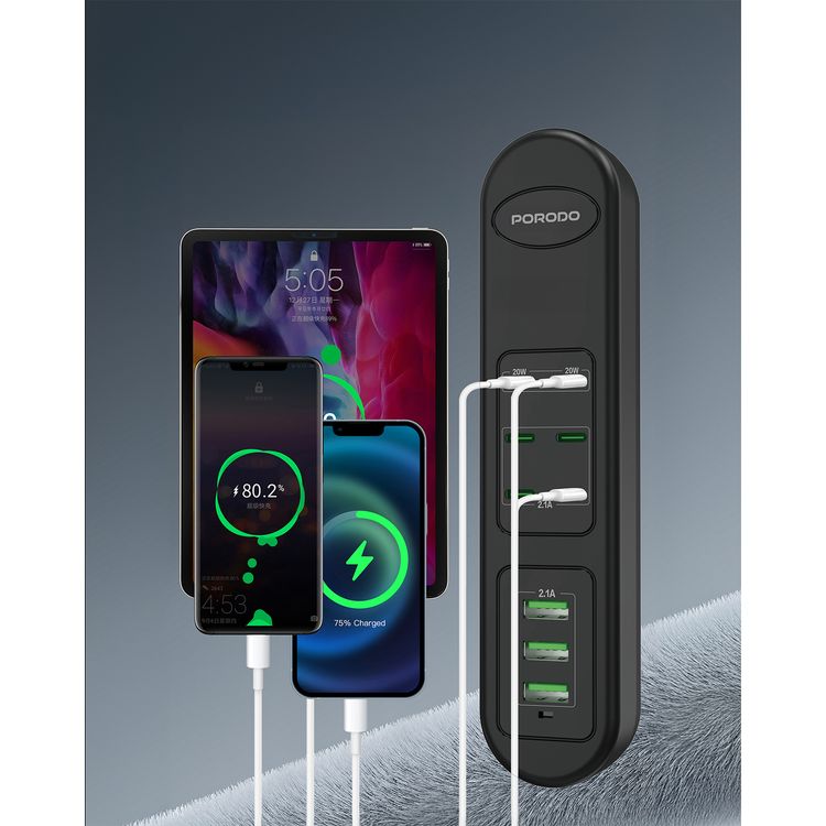 Porodo 50W Multi-Port USB Charging Hub with 20W Power Delivery, Simultaneous Charging, 2m Cable Length, Fast Charging Support, Built-in Safeguards - Black