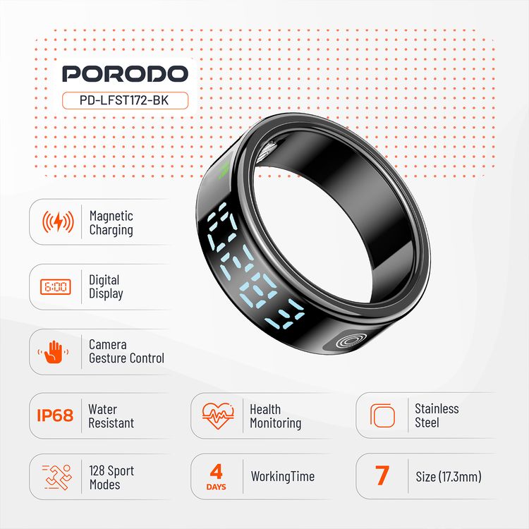 Porodo FitSync Smart Ring with Digital Display with Touch Scroll Function in Small Size 7, Up to 4 Days Active Use Time, 96KB Ram & 128KB ROM, Camera Gesture Control, Activity Tracking & 128 Sport Modes - Black