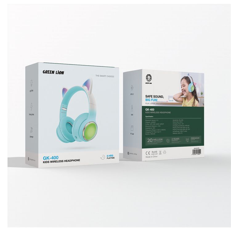 Green Lion GL-400 Kids Wireless Headphones with Light Effect & Flashing Modes, Up to 20 Hours Working Time, Bluetooth Version 5.3, Lightweight Design - Blue