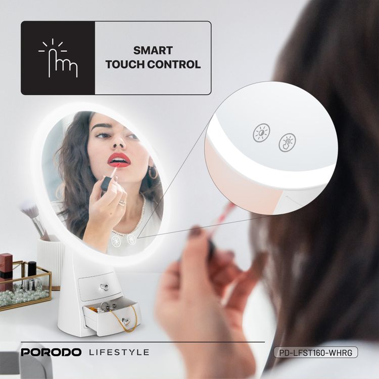 Porodo Vanity Makeup LED Illuminated Mirror with Built-in Dual Storage Drawer, Up to 13 Hours Working Time, 2000mAh Battery, Smart One-Touch Control, Yellow, Natural & White Lights, Brightness Memory Function - White / Rose Gold