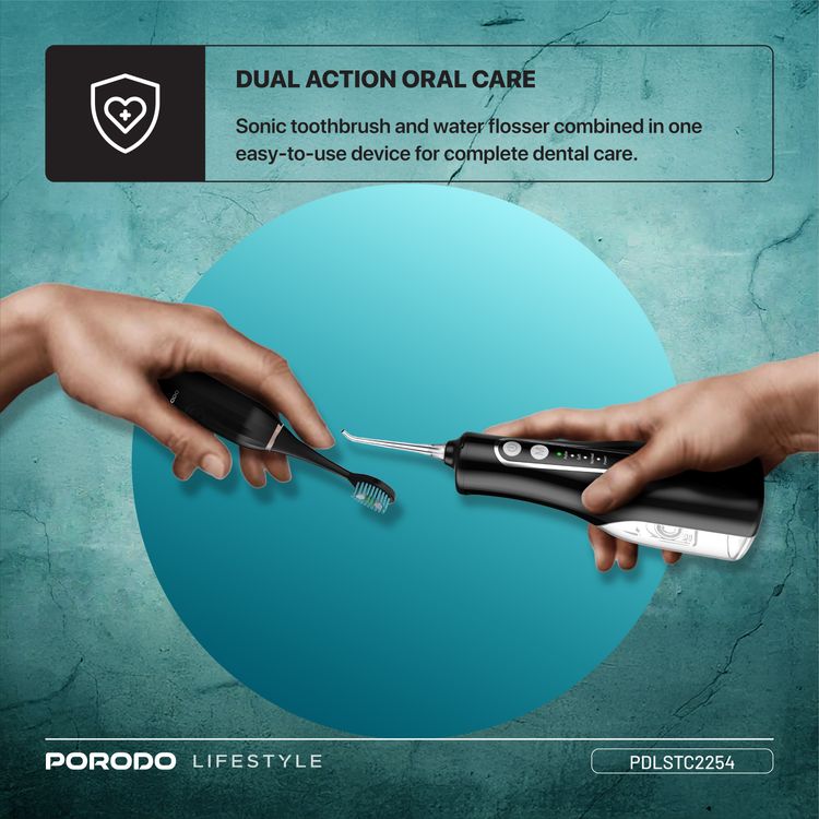 Porodo Ultimate Oral Care Duo Electric Toothbrush with Water Flosser Combo, 1200mAh Electric Toothbrush Battery Capacity, 2 Hours Electric Toothbrush Charging Time, 2 Months Electric Toothbrush Working Time, 300mL Water Flosser Water Tank Capacity, High-Pressure Water Flosser - Black