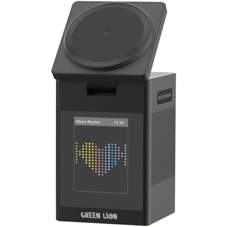 Green Lion Smart Station Pro with Wireless Charger, Speaker, Clock, Alarm, ABS + PC & Silicone Material, 8× N52 Magnets, 1000mAh Battery Capacity, Bluetooth Version 5.3, 10m Working Range, 2 Hours Charging Time, 2.5 Hours Working Time, Type-C Input Port, Smart Touch Display - Black