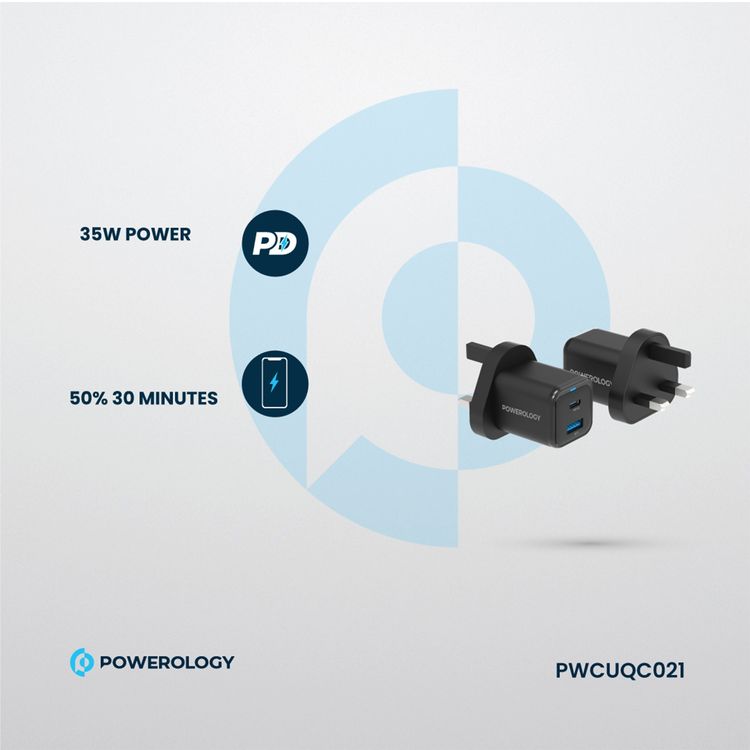 Powerology Super Compact Quick Charger with USB-C To Lightning Braided Cable, 35W Power Delivery, Simultaneous Fast Charging, Lightweight & Portable - Black