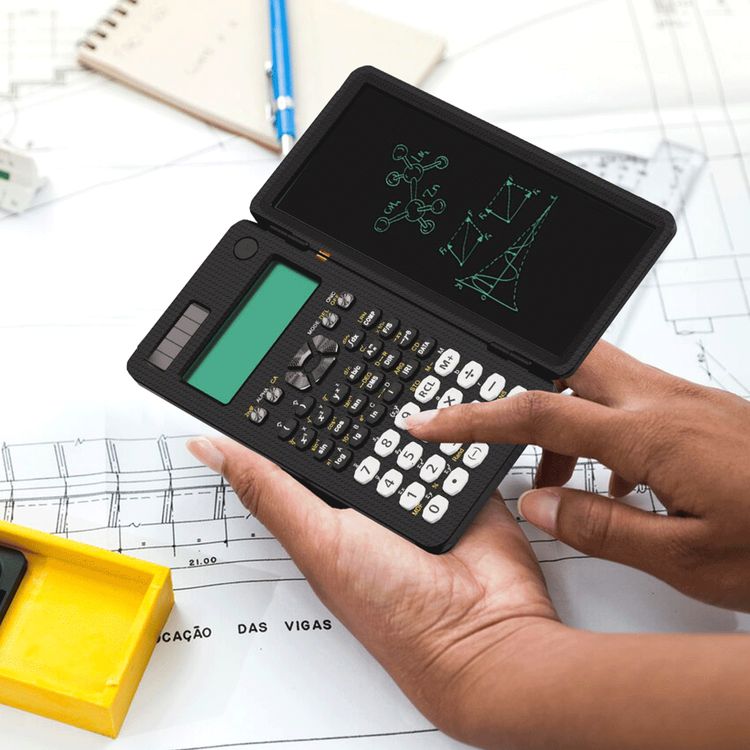 Green Lion Scientific Calculator with Writing Pad & Pen, 8 Calculation Modes & 417 Calculations, One-Click Erase, 12-Digit Input, 10-Digit Output, 2-Line Display, Battery & Solar Power Capable - Black