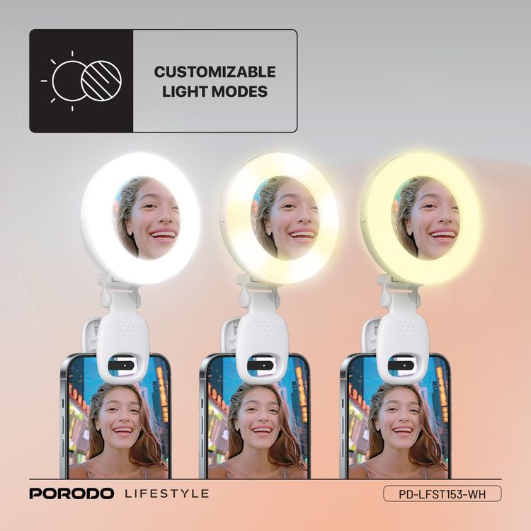 Porodo Lifestyle Clip-On Mirror Fill Light with Camera Shoe Mount, Type-C Charging Port, 200mAh Battery Capacity, Up to 4 Hours Working Time, 180° Adjustable Angle, Customizable Light Modes - White