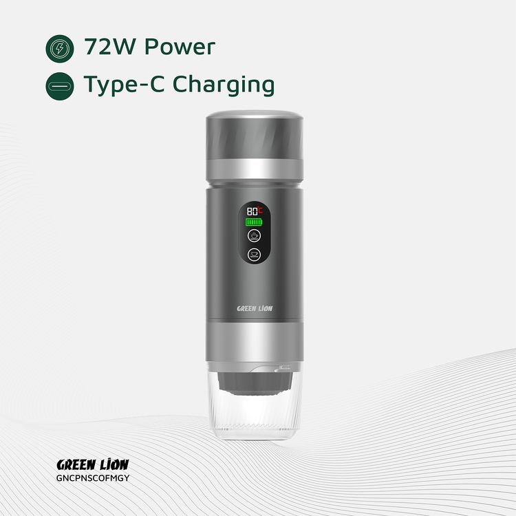 Green Lion Campinas Portable Coffee Maker with 150mL Coffee Cup Capacity, 20 Bar Pump Pressure, 70 Seconds Fast Extraction Time, Carrying Bag Included, 90°C Heating Temperature - Gray