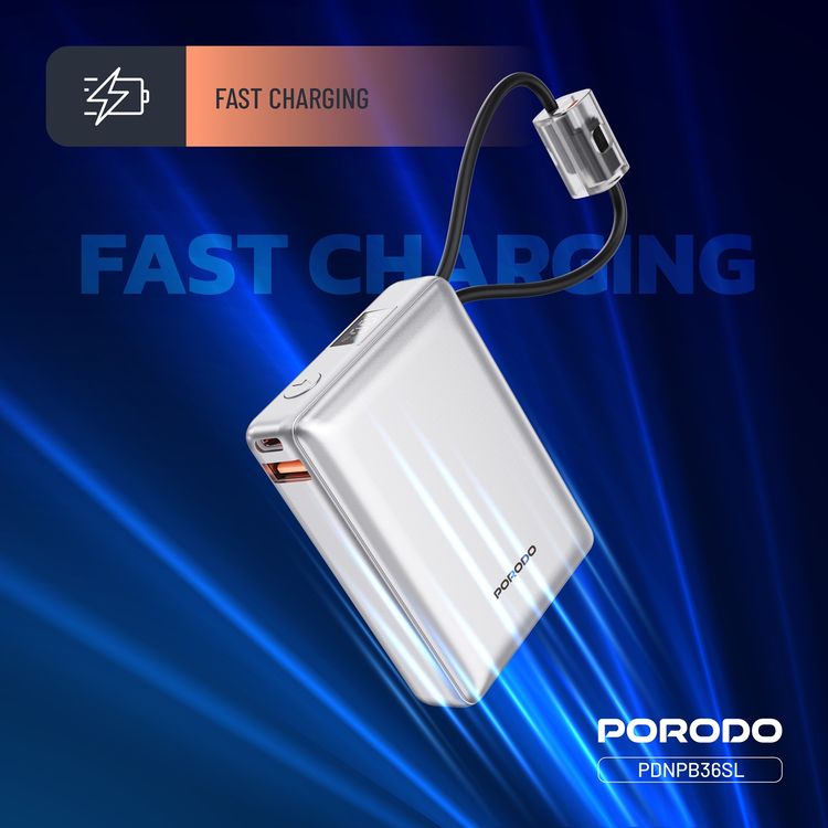 Porodo Petite 10000mAh Power Bank with Integrated Type-C & Lightning Cable, PD 20W, USB-A & USB-C Ports, Fast Charge Support, Digital Display, Universal Compatibility - Silver