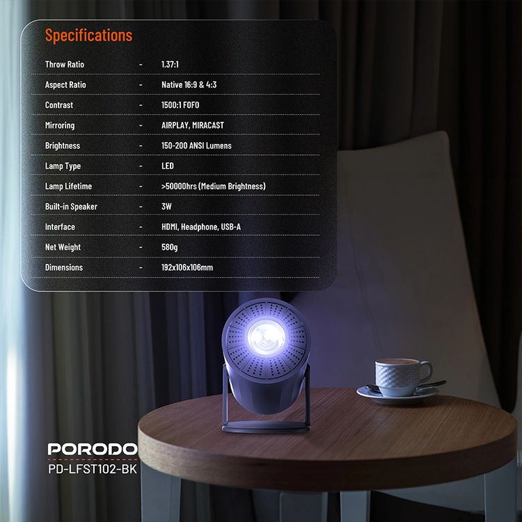 بروجكتور بورودو اللاسلكي متعدد الزوايا مع تقنية ضبط المفاتيح التلقائي، شاشة LCD بحجم 2.69 بوصة، نظام تشغيل أندرويد 11.0، مصباح LED بقوة 50 واط، جهاز تحكم عن بعد، إصدار بلوتوث 5.0 - أسود