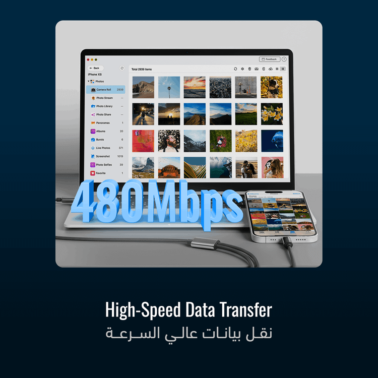 كابل USB-C مزدوج من سلسلة Powerology Zinco بقوة خرج قصوى 100 واط، ومعدل نقل بيانات 480 ميجابت في الثانية، مصنوع من سبائك الزنك والنايلون المضفر، وعمر افتراضي يتجاوز 15000 ثنية، وتدفق طاقة مُحسَّن بعلامة E، وتوافق عالمي، وتحسين الشحن الذكي - رمادي غامق