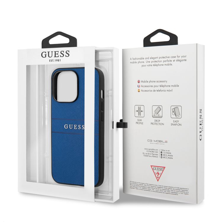 CG MOBILE Guess PU Leather Case Saffiano with Metal Logo Hot Stamp Stripes Compatible for iPhone 13 Pro Max (6.7") Anti-Scratch, Easy Access to All Ports