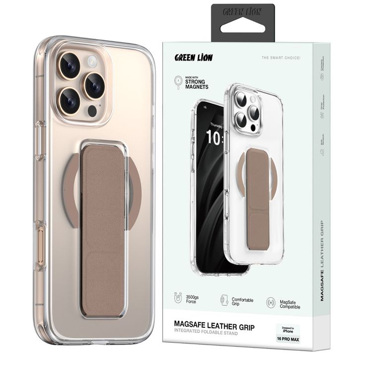حامل جلدي Green Lion MagSafe لهاتف iPhone 16 Pro Max، شفاف للغاية، حامل قابل للطي، مغناطيس قوي - بني