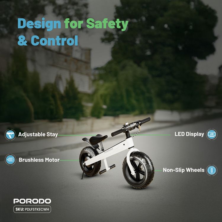 Porodo Lifestyle Joy Cruiser Kids Electric Bike with 2600mAh Battery Capacity, Maximum Speed 15Km/H, 3 Gears, LED Display, Brushless Motor - White