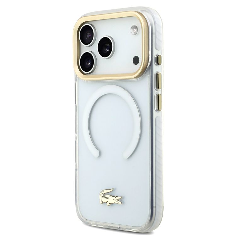 جراب لاكوست شفاف ماج سيف مصنوع من TPU و PC مع طبقة نهائية متجمدة لهاتف آيفون 17 برو، حماية ضد السقوط، تصميم نحيف، تغليف مستدام، تصميم سهل التركيب - أبيض / ذهبي
