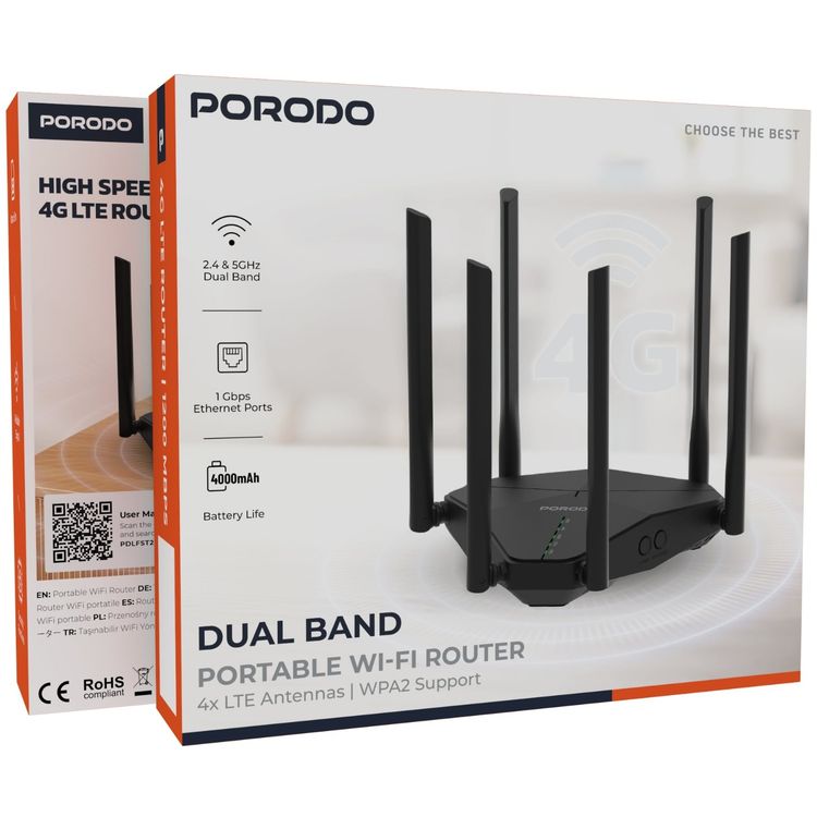 Porodo Dual-Band Portable 4G LTE Wi-Fi Router with 4000mAh Battery Capacity, 3 Giga LAN Ports, 1200Mbps Wi-Fi Speed, 4x LTE/UMTS & 2x Wi-Fi External Antennas, Nano Sim, Secure Encryption, 2.4G & 5G Dual Band - Black