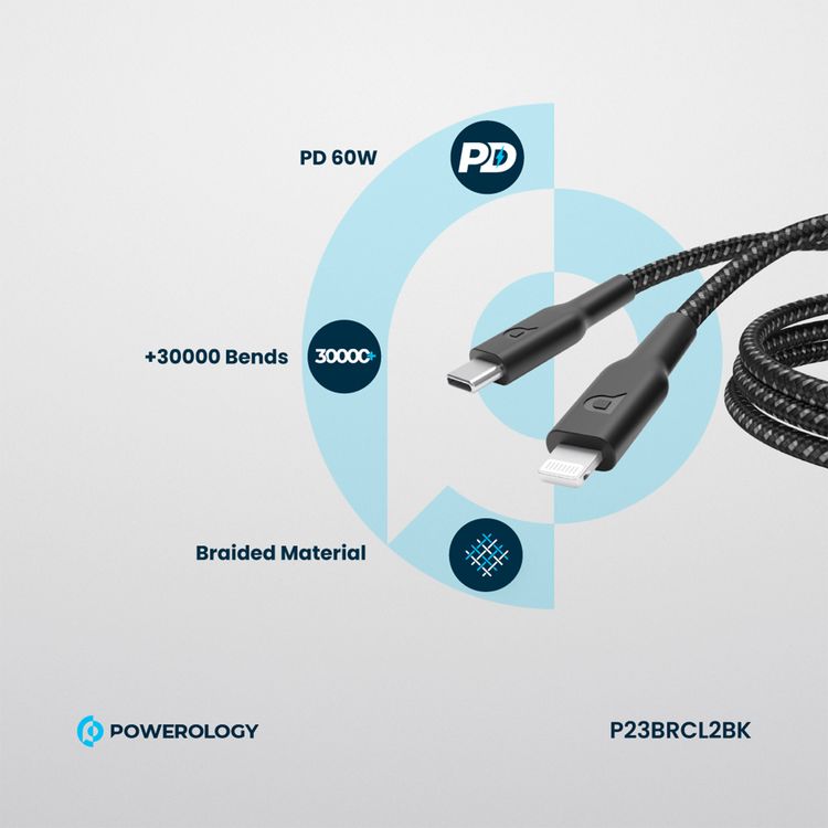 Powerology Braided USB-C to Lightning Cable with 60W Power Delivery, 2m Cable Length, Fast Data Transfer & Fast Charge, Universal Compatibility - Black
