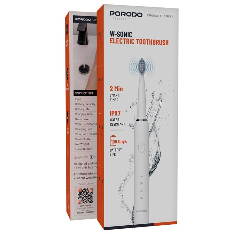 Porodo W-Sonic Electric Toothbrush with Professional Sonic Cleaning, 2 Minutes Smart Timer, 500mAh Battery Capacity, IPX7 Water Resistant, 3 Hours Charging Time, Type-C Charging Port, Up to 100 Days Battery Life, Smart Quadrant Timer - White
