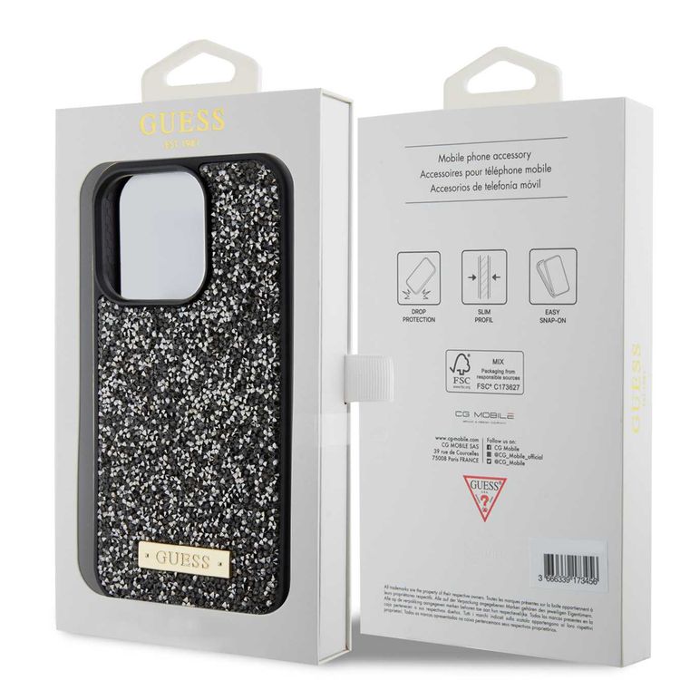 Guess Rhinestone Case with Metal Logo for iPhone 15 Promax - Black - أسود - iPhone 15 Pro Max