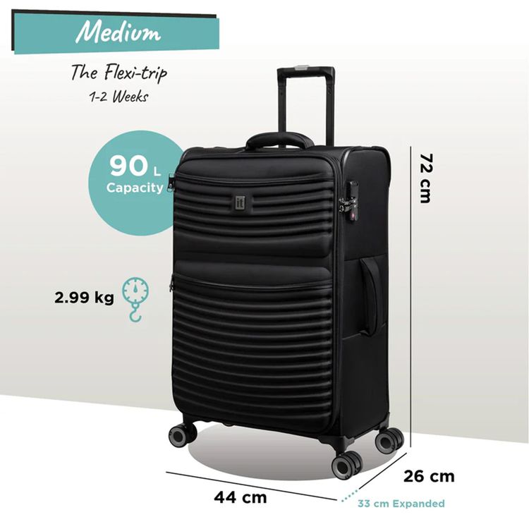 it luggage Precursor Unisex Lightweight Soft Case Trolley, Expandable Polyester Luggage with 8 Spinner Wheels, Telescopic Handle & TSA Lock - Medium / Black