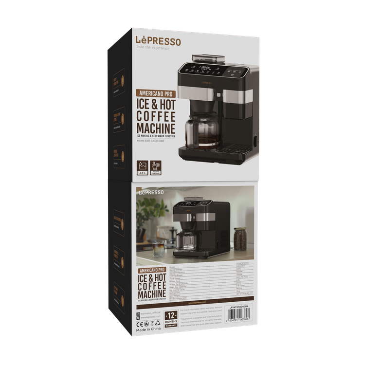 آلة صنع القهوة المثلجة والساخنة الأوتوماتيكية بالكامل من LePresso بسعة خزان مياه 2.6 لتر، إنتاج تلقائي للثلج، وظيفة الحفاظ على السخونة، إعدادات طحن قابلة للتخصيص، سعة صندوق حبوب 250 جرام، فلتر قهوة قابل للغسيل، لوحة تحكم باللمس بديهية - باللون الأسود