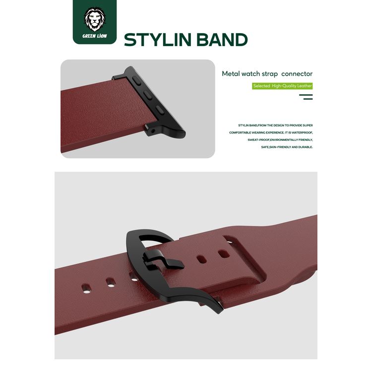 Green Lion Stylin Leather Watch Strap Band for Apple Watch 42/44mm, Metal Buckle Lock, Water & Sweat Resistant, 360° Twist, Breathable & Comfortable, Skin-Friendly - Red