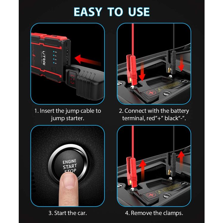 UTRAI Jstar Mini Jump Starter Car Battery, Smart Clip with Battery Detection, 12V 1000A (Up to 6.0L Gas or 4.5L Diesel Engine), Power Pack Auto Battery Booster with LED Light - Black / Red 