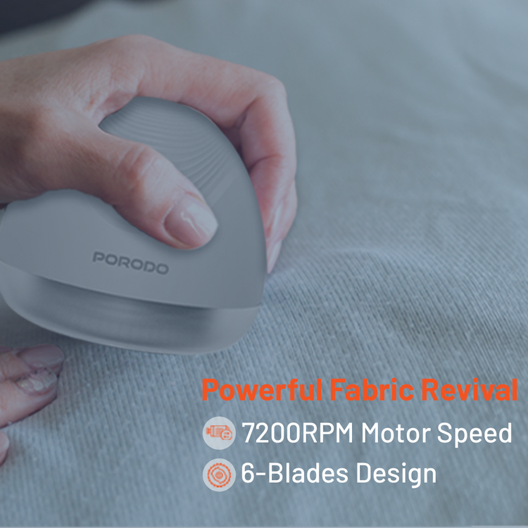 Porodo Lifestyle Fabric Shaver Lint & Bobbles Remover with Efficient 6-Blade Design, 5W Rated Power, 600mAh Battery Capacity, 1.5 Hours Working Time, USB-C Charging Interface, 7200RPM Motor Speed, 50mL Lint Bin Capacity - White