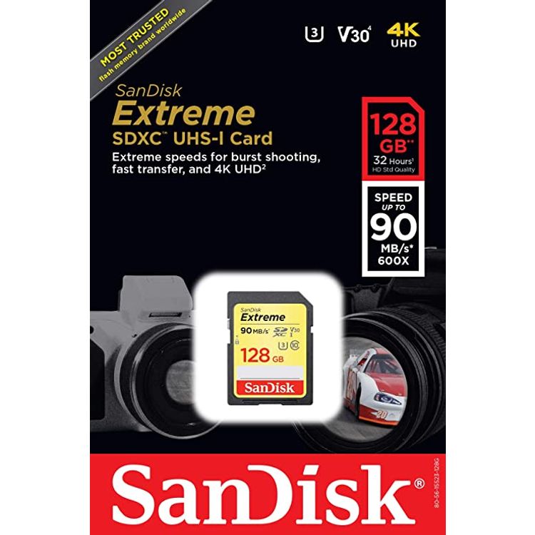 SanDisk Extreme 128GB SDXC Memory Card up to 90MB/s, Class 10, U3, V30
