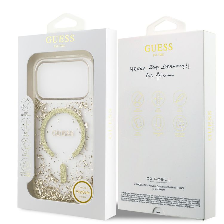 Guess MagSafe Glitter Pattern Case for iPhone 17 Pro, Drop Protection, Lightweight Design, Comfortable Grip, Sustainable Packaging, Easy Snap-On, Slim Profile - Gold