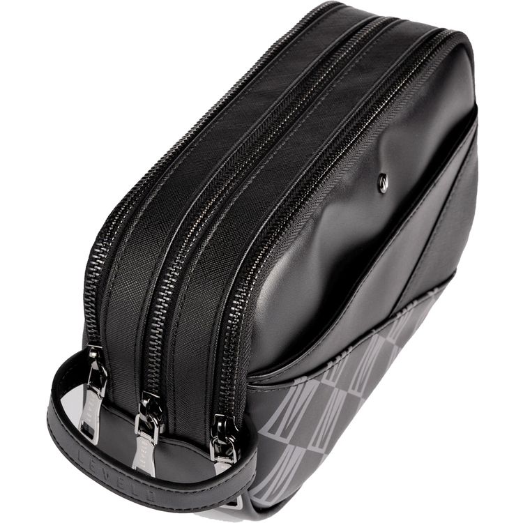 Levelo Poche Pouch with Head-Hang, Genuine Saffiano Leather Material, Multi Pockets, Cable Organizing Pocket - Black