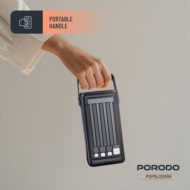 باور بانك بورودو لارا 50000 مللي أمبير/ساعة مع مصباح يدوي، مقبض محمول، PD 20 وات، شحن سريع، منفذين USB-A وUSB-C وMicro، 4 كابلات مدمجة، توافق عالمي - أسود