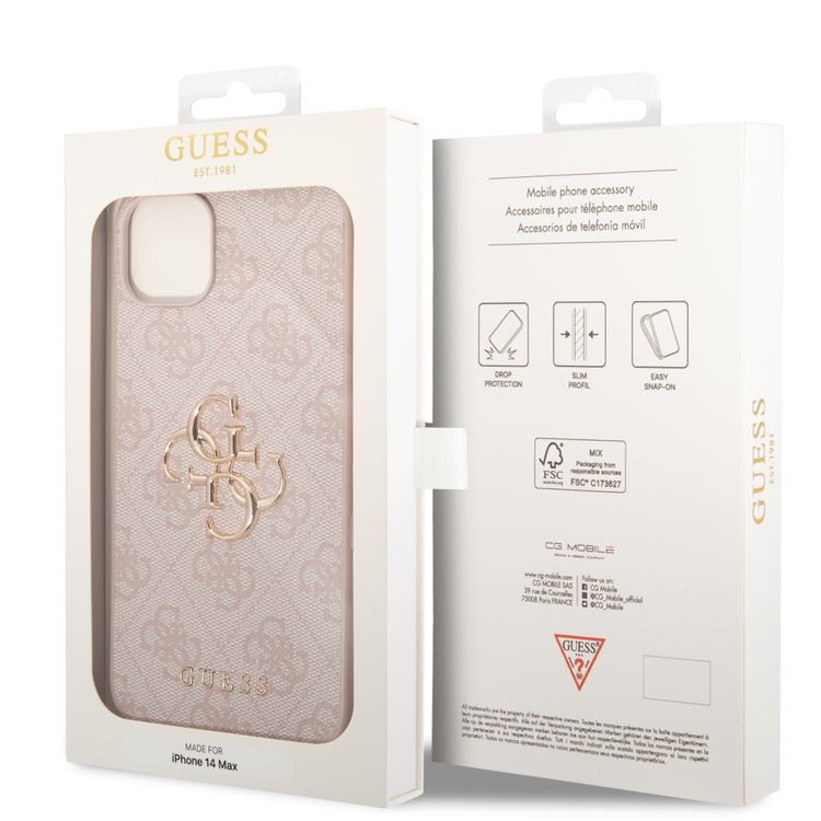 Guess PU Leather 4G Classic and Stylish Case with Big Metal Logo iPhone 14 Plus Compatibility - Pink