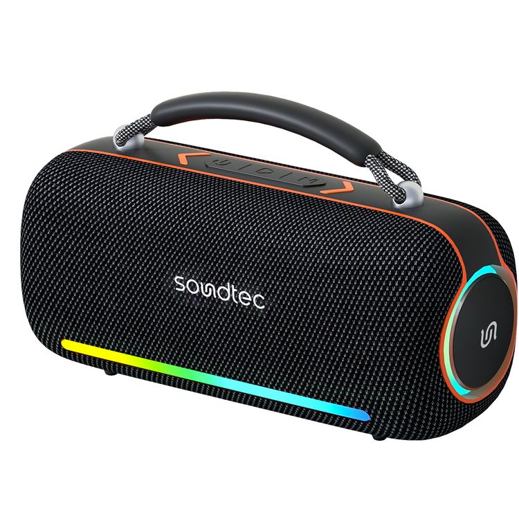Porodo Soundtec Sonify Portable Wireless Speaker with Grip Handle, 4000mAh Battery, 30W Output Power, Bluetooth Version 5.3, USB-C Charging Interface, Up to 5.5 Hours Play Time, RGB Lights, High Fidelity Sound - Black