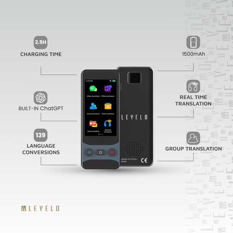 Levelo FluentLink Offline & Online Voice Translator, Built-in ChatGPT, Unit Conversion, Exchange Rate Conversion - Gray