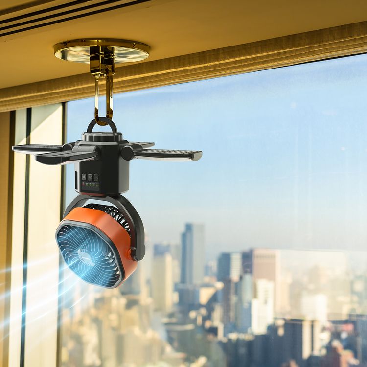 Porodo Suncharge Outdoor Solar Fan with LED Lighting & Power Bank Function, 3 LED Brightness Levels, 4 Speed Settings, Foldable Hanging Hook, 150°Auto Oscillation, Up to 30 Hours Working Time, 6000mAh Battery, 5W Rated Power - Black / Orange