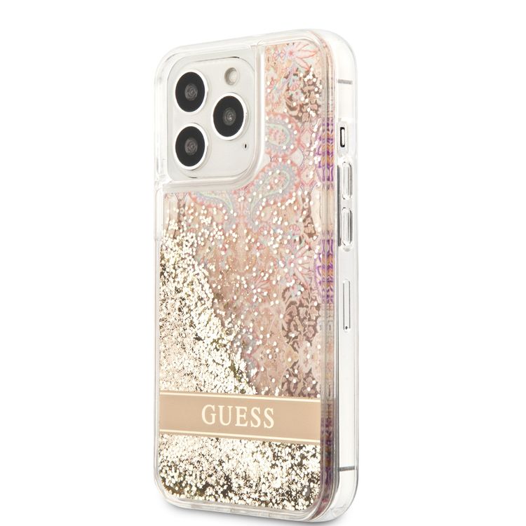CG MOBILE Guess GUHCP13XLFLSD Liquid Glitter Hard Case, Charms Hard Phone Case, Compatible for iPhone 13 Pro Max, Shock-Absorption Mobile Case Officially Licensed - Paisley Gold